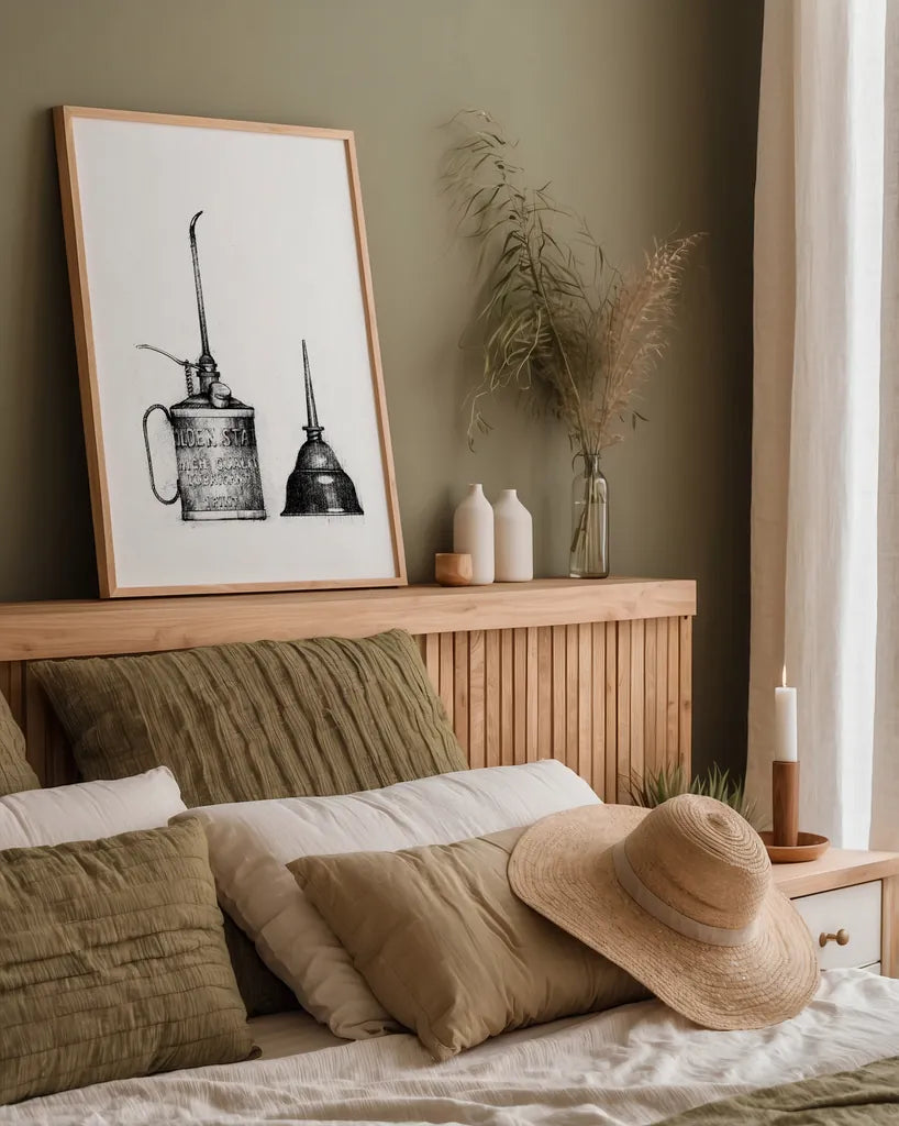 Oil Cans by Mike Schick. shown as a paper print in a natural frame. Available as a archival giclee rolled canvas, fine art paper, or poster print. SKU 58752h.