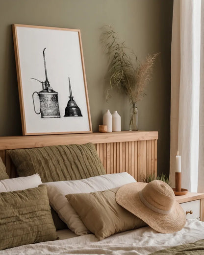 Oil Cans by Mike Schick. shown as a paper print in a natural frame. Available as a archival giclee rolled canvas, fine art paper, or poster print. SKU 58752h.