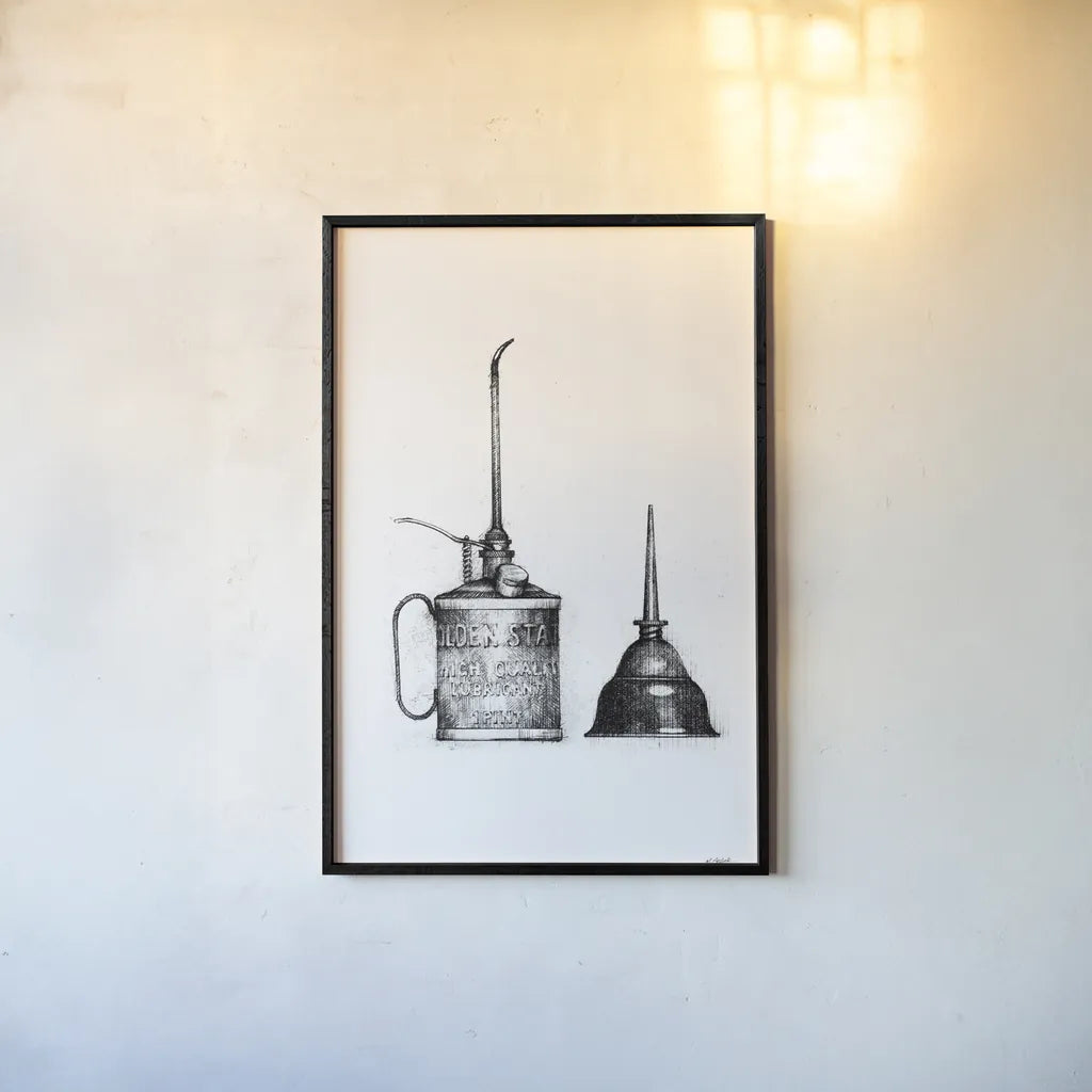 Oil Cans by Mike Schick. shown as a paper print in a black flame. Available as a archival giclee rolled canvas, fine art paper, or poster print. SKU 58752h.