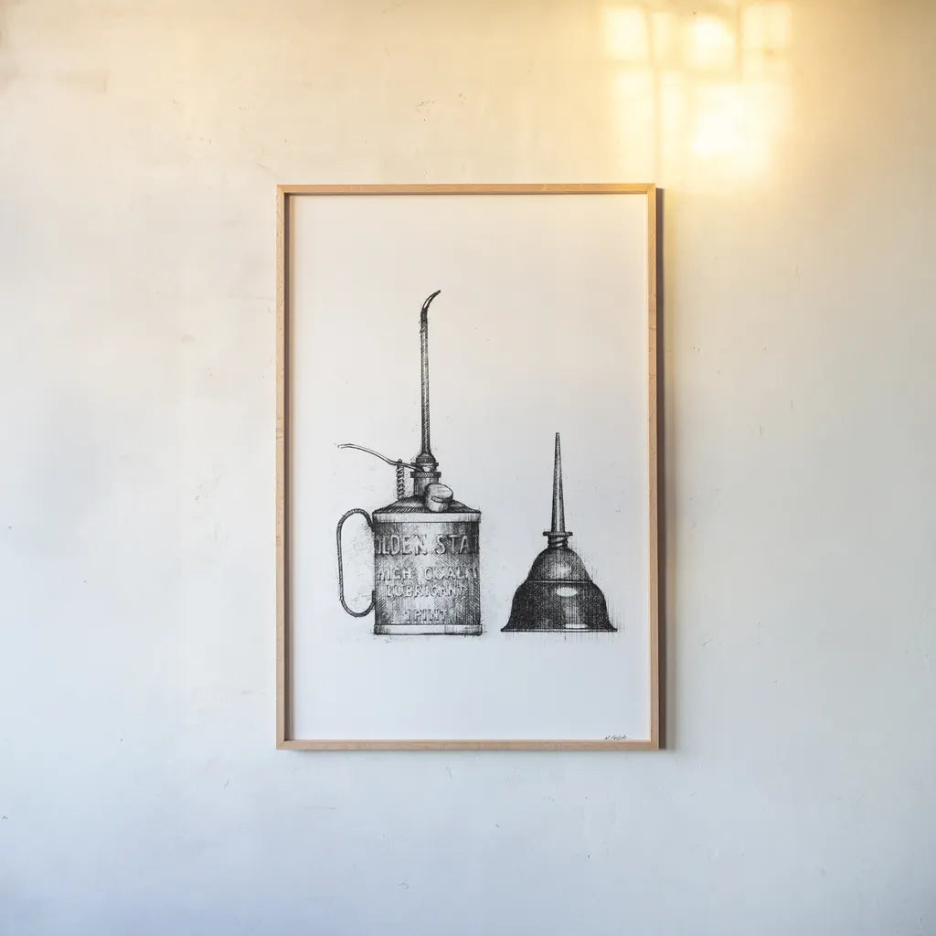 Oil Cans by Mike Schick. shown as a paper print in a natural frame. Available as a archival giclee rolled canvas, fine art paper, or poster print. SKU 58752h.