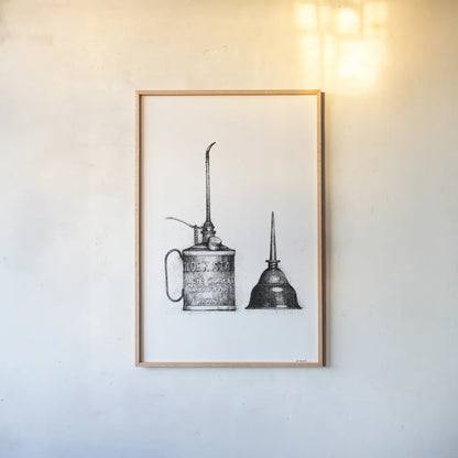 Oil Cans by Mike Schick. shown as a paper print in a natural frame. Available as a archival giclee rolled canvas, fine art paper, or poster print. SKU 58752h.