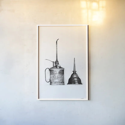Oil Cans by Mike Schick. shown as a paper print in a white frame. Available as a archival giclee rolled canvas, fine art paper, or poster print. SKU 58752h.