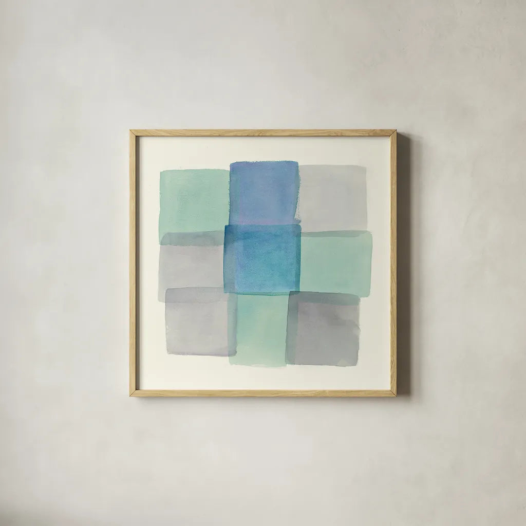 Overlap I by Mike Schick. Shown in a natural wood glass frame for a timeless modern aesthetic. Available as an archival giclee rolled canvas, fine art paper, or poster print. SKU 21613a.