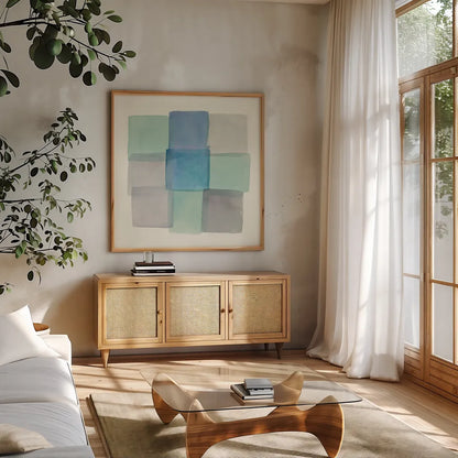 Overlap I by Mike Schick. Shown in a natural wood frame in a cozy modern living room. Available as an archival giclee rolled canvas, fine art paper, or poster print. SKU 21613a.