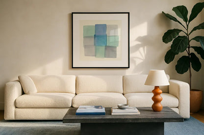 Overlap I by Mike Schick. Displayed in a glass frame with matte in a clean modern living room. Available as an archival giclee rolled canvas, fine art paper, or poster print. SKU 21613a.