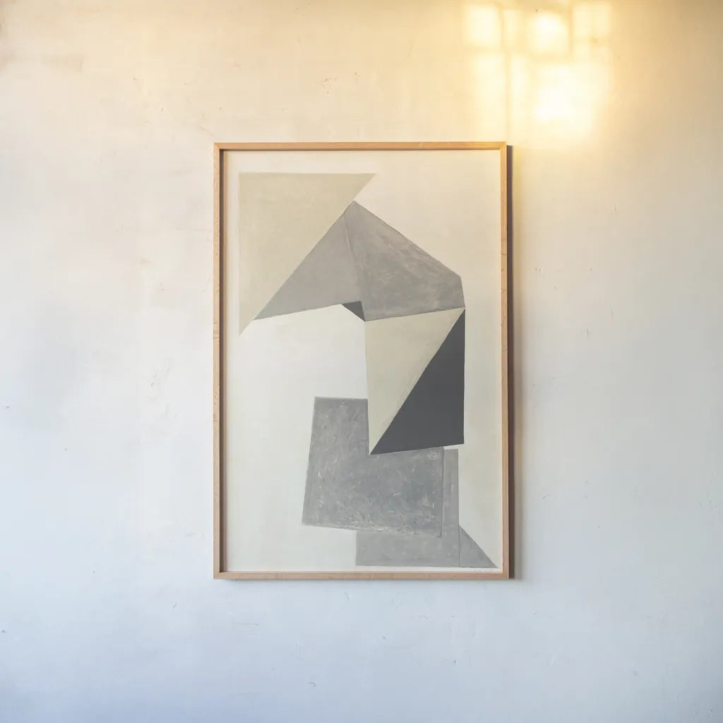 Paper Trail Neutral by Mike Schick. shown as a paper print in a natural frame. Available as a archival giclee rolled canvas, fine art paper, or poster print. SKU 70243h.