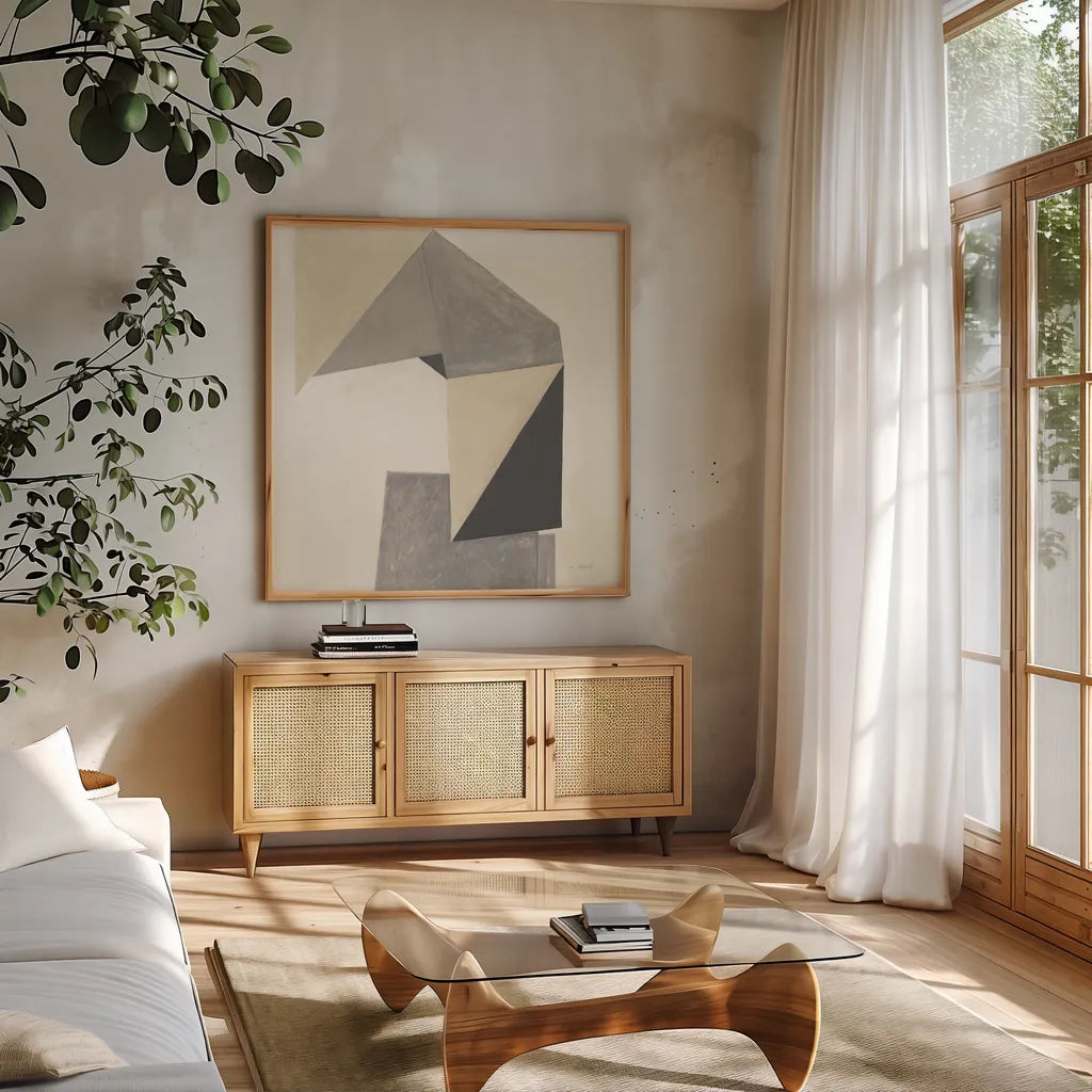 Paper Trail Neutral Crop by Mike Schick. Shown in a natural wood frame in a cozy modern living room. Available as an archival giclee rolled canvas, fine art paper, or poster print. SKU 70243a.