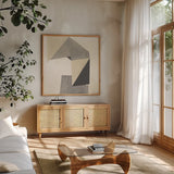 Paper Trail Neutral Crop by Mike Schick. Shown in a natural wood frame in a cozy modern living room. Available as an archival giclee rolled canvas, fine art paper, or poster print. SKU 70243a.