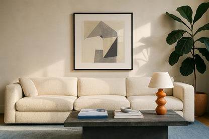 Paper Trail Neutral Crop by Mike Schick. Displayed in a glass frame with matte in a clean modern living room. Available as an archival giclee rolled canvas, fine art paper, or poster print. SKU 70243a.
