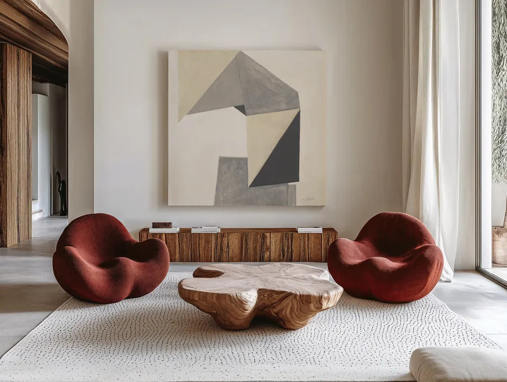 Paper Trail Neutral Crop by Mike Schick. Shown as extra-large giant wall art in a modern living room. Available as an archival giclee rolled canvas, fine art paper, or poster print. SKU 70243a.