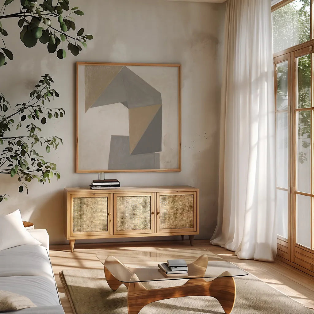 Paper Trail Travertine Crop by Mike Schick. Shown in a natural wood frame in a cozy modern living room. Available as an archival giclee rolled canvas, fine art paper, or poster print. SKU 79807a.