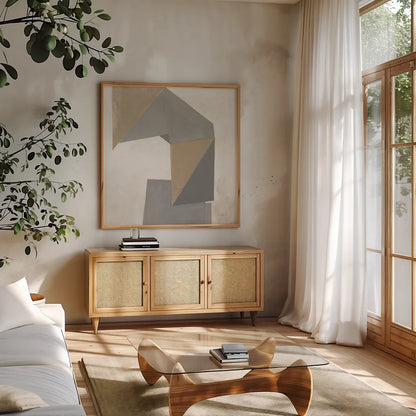 Paper Trail Travertine Crop by Mike Schick. Shown in a natural wood frame in a cozy modern living room. Available as an archival giclee rolled canvas, fine art paper, or poster print. SKU 79807a.