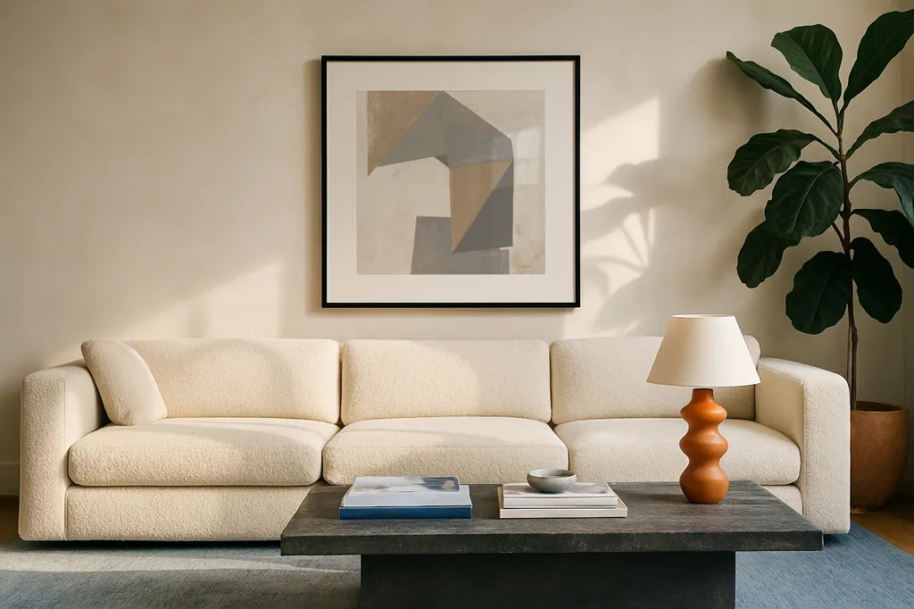 Paper Trail Travertine Crop by Mike Schick. Displayed in a glass frame with matte in a clean modern living room. Available as an archival giclee rolled canvas, fine art paper, or poster print. SKU 79807a.