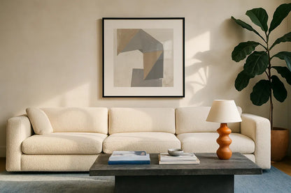 Paper Trail Travertine Crop by Mike Schick. Displayed in a glass frame with matte in a clean modern living room. Available as an archival giclee rolled canvas, fine art paper, or poster print. SKU 79807a.