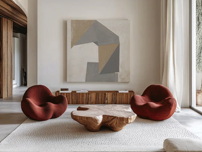 Paper Trail Travertine Crop by Mike Schick. Shown as extra-large giant wall art in a modern living room. Available as an archival giclee rolled canvas, fine art paper, or poster print. SKU 79807a.