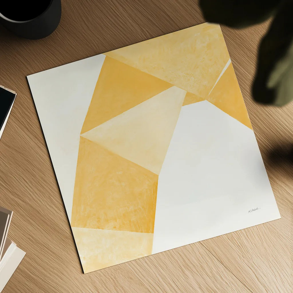 Paper Work I Yellow by Mike Schick. Shown as a detailed flat fine art print, highlighting archival giclee quality. Available as an archival giclee rolled canvas, fine art paper, or poster print. SKU 51728a.