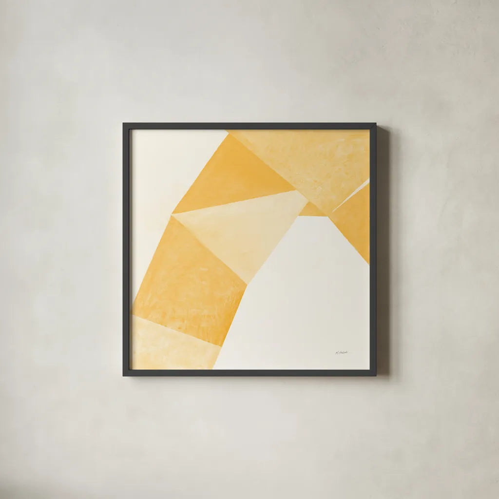 Paper Work I Yellow by Mike Schick. Shown in a sleek black glass frame for a contemporary gallery look. Available as an archival giclee rolled canvas, fine art paper, or poster print. SKU 51728a.