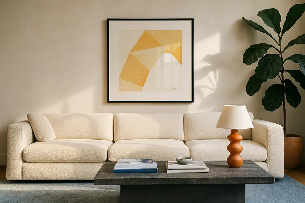 Paper Work I Yellow by Mike Schick. Displayed in a glass frame with matte in a clean modern living room. Available as an archival giclee rolled canvas, fine art paper, or poster print. SKU 51728a.