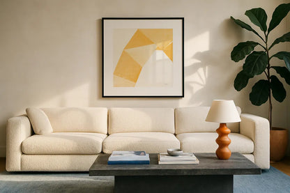 Paper Work I Yellow by Mike Schick. Displayed in a glass frame with matte in a clean modern living room. Available as an archival giclee rolled canvas, fine art paper, or poster print. SKU 51728a.