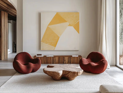 Paper Work I Yellow by Mike Schick. Shown as extra-large giant wall art in a modern living room. Available as an archival giclee rolled canvas, fine art paper, or poster print. SKU 51728a.