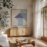 Paper Work II by Mike Schick. Shown in a natural wood frame in a cozy modern living room. Available as an archival giclee rolled canvas, fine art paper, or poster print. SKU 36023a.
