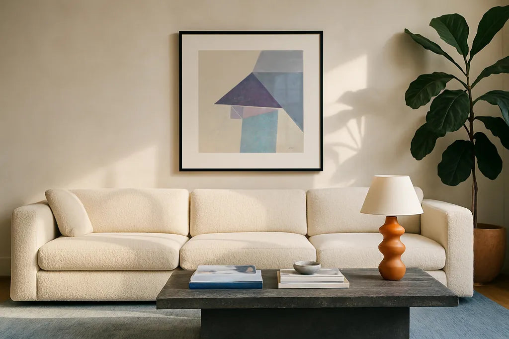 Paper Work II by Mike Schick. Displayed in a glass frame with matte in a clean modern living room. Available as an archival giclee rolled canvas, fine art paper, or poster print. SKU 36023a.