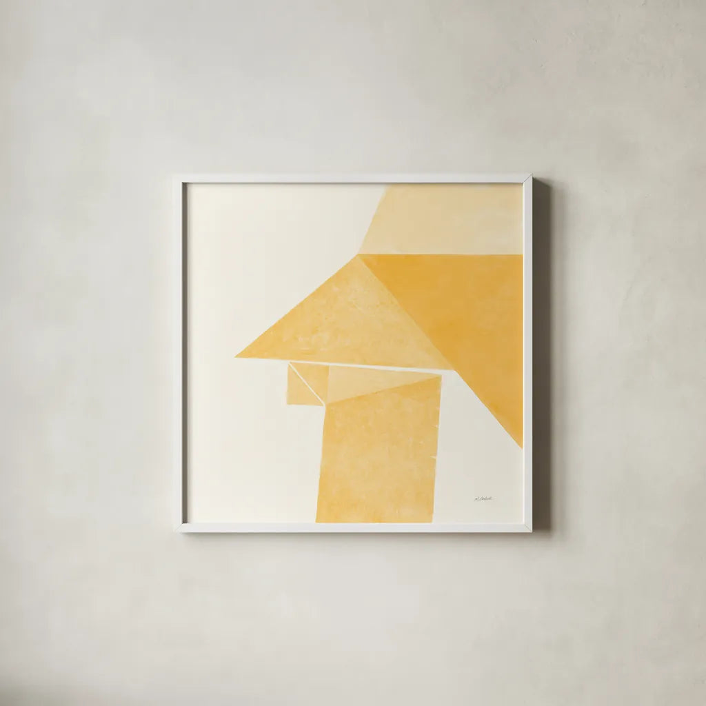 Paper Work II Yellow by Mike Schick. Shown in a crisp white glass frame for a clean and minimalist style. Available as an archival giclee rolled canvas, fine art paper, or poster print. SKU 51729a.