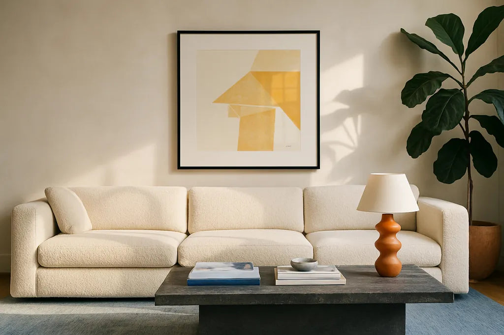 Paper Work II Yellow by Mike Schick. Displayed in a glass frame with matte in a clean modern living room. Available as an archival giclee rolled canvas, fine art paper, or poster print. SKU 51729a.
