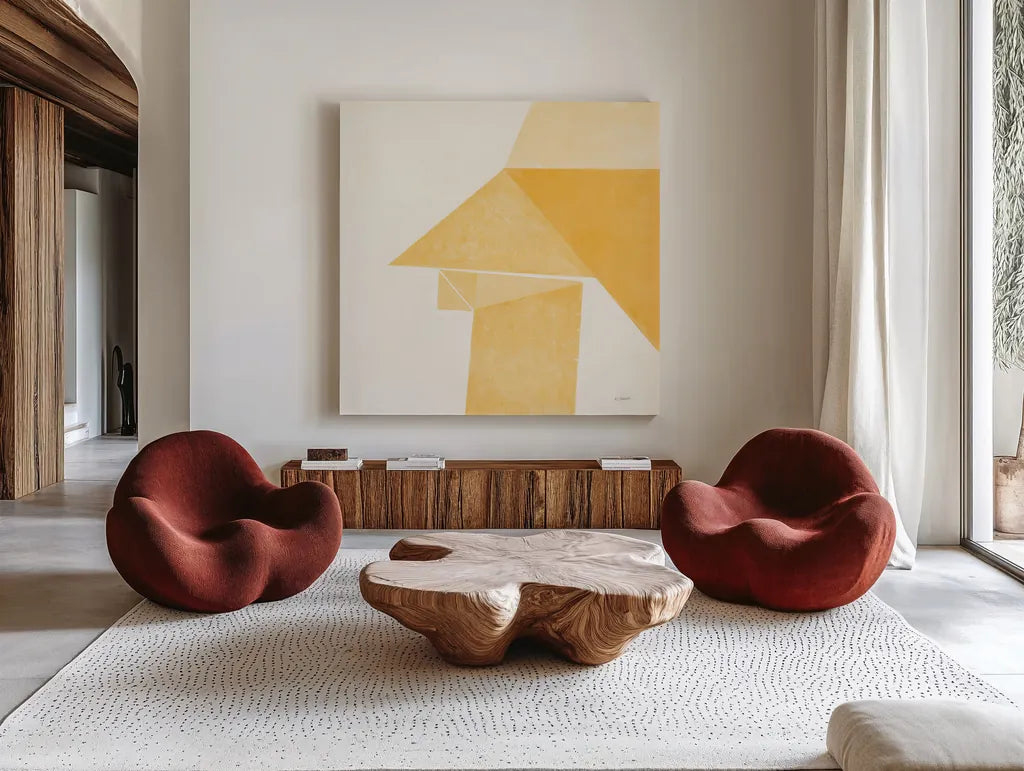 Paper Work II Yellow by Mike Schick. Shown as extra-large giant wall art in a modern living room. Available as an archival giclee rolled canvas, fine art paper, or poster print. SKU 51729a.
