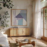 Paper Work III by Mike Schick. Shown in a natural wood frame in a cozy modern living room. Available as an archival giclee rolled canvas, fine art paper, or poster print. SKU 36368a.