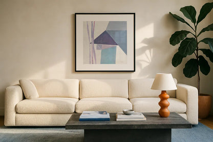Paper Work III by Mike Schick. Displayed in a glass frame with matte in a clean modern living room. Available as an archival giclee rolled canvas, fine art paper, or poster print. SKU 36368a.