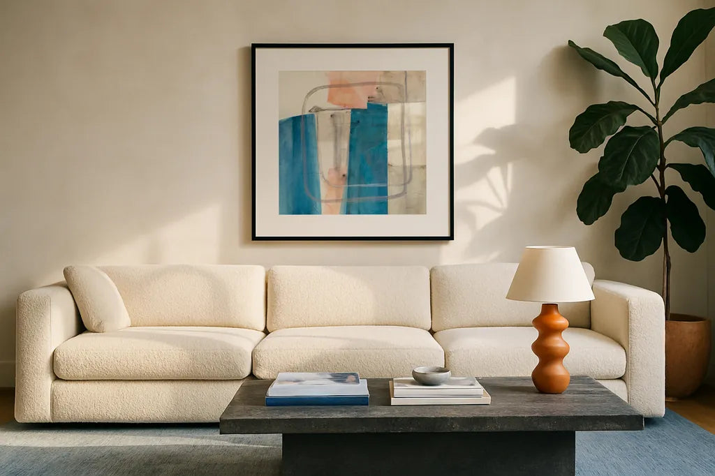 Passage I by Mike Schick. Displayed in a glass frame with matte in a clean modern living room. Available as an archival giclee rolled canvas, fine art paper, or poster print. SKU 34346a.