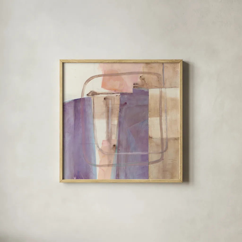 Passage I Blush Purple by Mike Schick. Shown in a natural wood glass frame for a timeless modern aesthetic. Available as an archival giclee rolled canvas, fine art paper, or poster print. SKU 42716a.