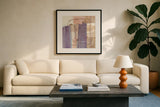 Passage I Blush Purple by Mike Schick. Displayed in a glass frame with matte in a clean modern living room. Available as an archival giclee rolled canvas, fine art paper, or poster print. SKU 42716a.