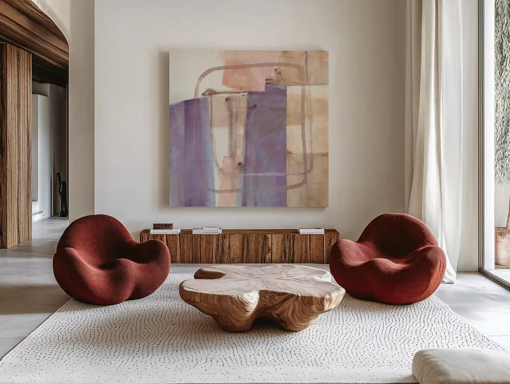 Passage I Blush Purple by Mike Schick. Shown as extra-large giant wall art in a modern living room. Available as an archival giclee rolled canvas, fine art paper, or poster print. SKU 42716a.