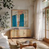 Passage I v2 by Mike Schick. Shown in a natural wood frame in a cozy modern living room. Available as an archival giclee rolled canvas, fine art paper, or poster print. SKU 34984a.