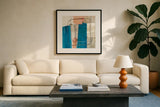 Passage I v2 by Mike Schick. Displayed in a glass frame with matte in a clean modern living room. Available as an archival giclee rolled canvas, fine art paper, or poster print. SKU 34984a.