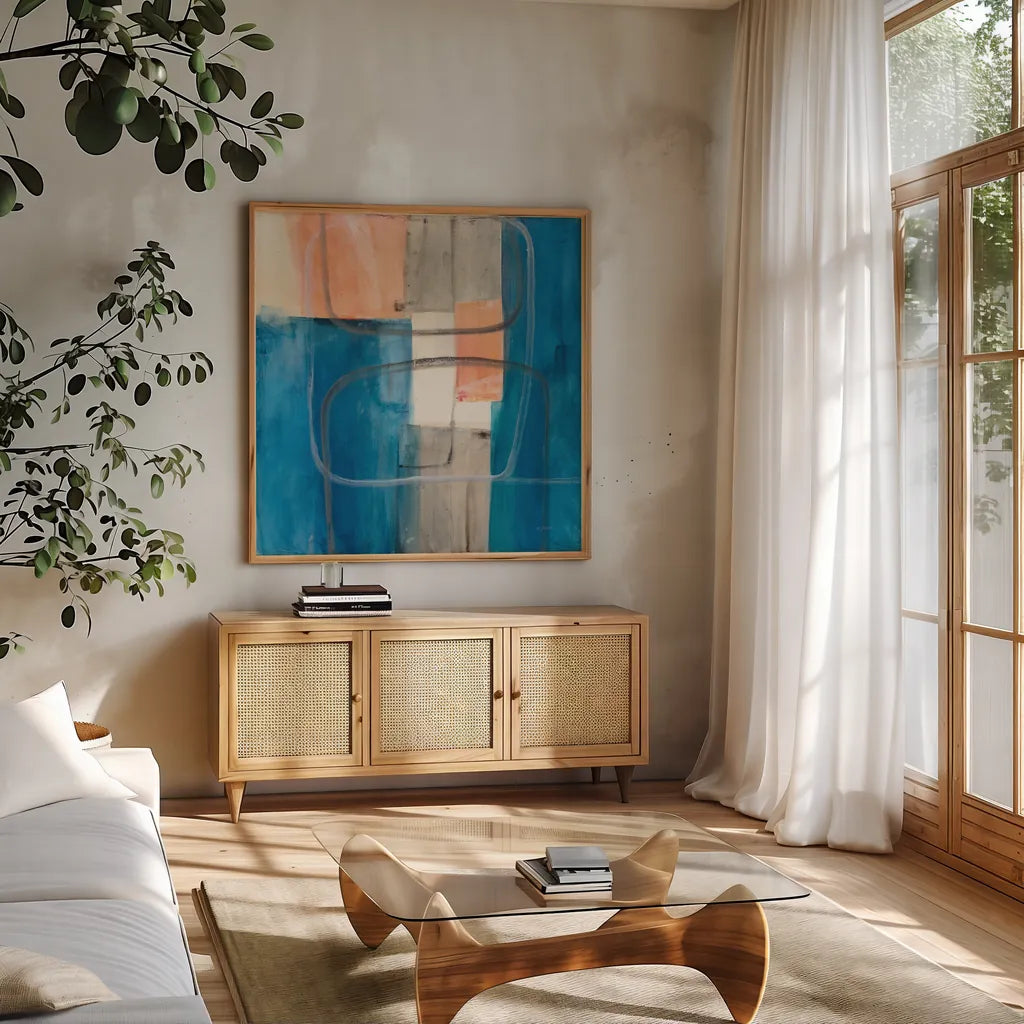 Passage II by Mike Schick. Shown in a natural wood frame in a cozy modern living room. Available as an archival giclee rolled canvas, fine art paper, or poster print. SKU 34347a.