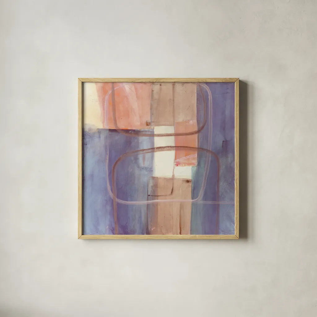 Passage II Blush Purple by Mike Schick. Shown in a natural wood glass frame for a timeless modern aesthetic. Available as an archival giclee rolled canvas, fine art paper, or poster print. SKU 42717a.
