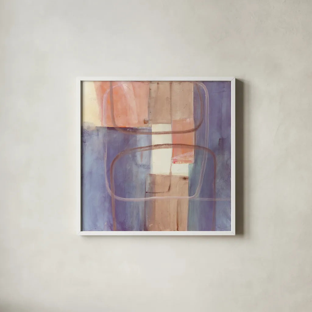 Passage II Blush Purple by Mike Schick. Shown in a crisp white glass frame for a clean and minimalist style. Available as an archival giclee rolled canvas, fine art paper, or poster print. SKU 42717a.