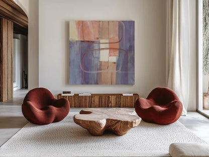 Passage II Blush Purple by Mike Schick. Shown as extra-large giant wall art in a modern living room. Available as an archival giclee rolled canvas, fine art paper, or poster print. SKU 42717a.