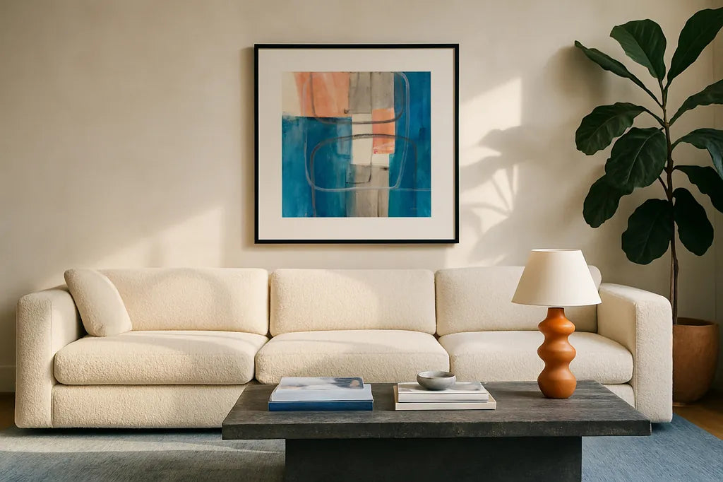 Passage II v2 by Mike Schick. Displayed in a glass frame with matte in a clean modern living room. Available as an archival giclee rolled canvas, fine art paper, or poster print. SKU 34985a.