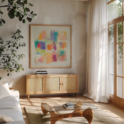 Popsicles III Stone by Mike Schick. Shown in a natural wood frame in a cozy modern living room. Available as an archival giclee rolled canvas, fine art paper, or poster print. SKU 28341a.