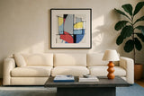 Primaries by Mike Schick. Displayed in a glass frame with matte in a clean modern living room. Available as an archival giclee rolled canvas, fine art paper, or poster print. SKU 36359a.