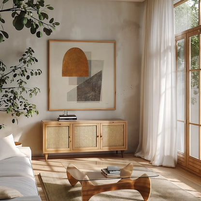 Quintet I by Mike Schick. Shown in a natural wood frame in a cozy modern living room. Available as an archival giclee rolled canvas, fine art paper, or poster print. SKU 48849a.