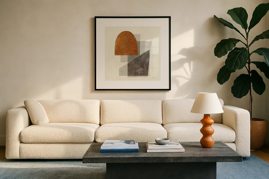 Quintet I by Mike Schick. Displayed in a glass frame with matte in a clean modern living room. Available as an archival giclee rolled canvas, fine art paper, or poster print. SKU 48849a.