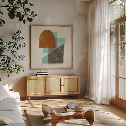 Quintet I Turquoise by Mike Schick. Shown in a natural wood frame in a cozy modern living room. Available as an archival giclee rolled canvas, fine art paper, or poster print. SKU 51723a.