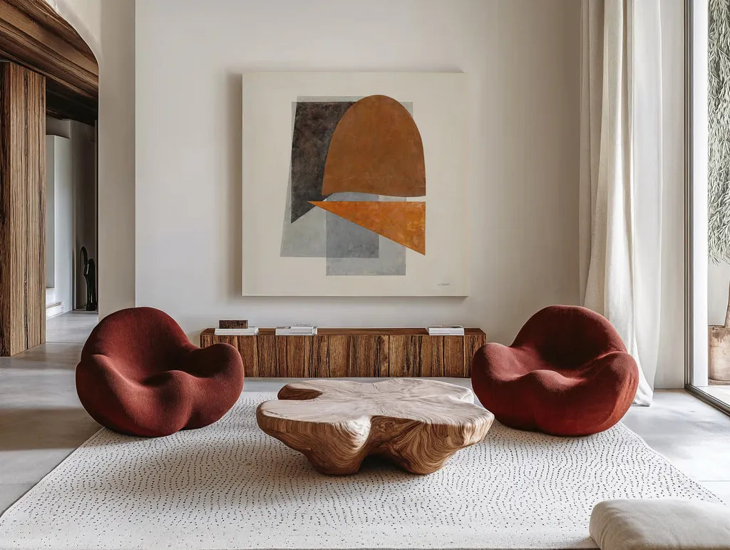 Quintet II by Mike Schick. Shown as extra-large giant wall art in a modern living room. Available as an archival giclee rolled canvas, fine art paper, or poster print. SKU 49029a.