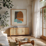Quintet II Turquoise by Mike Schick. Shown in a natural wood frame in a cozy modern living room. Available as an archival giclee rolled canvas, fine art paper, or poster print. SKU 51724a.