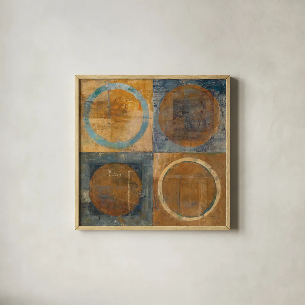 Renew Dark Blue by Mike Schick. Shown in a natural wood glass frame for a timeless modern aesthetic. Available as an archival giclee rolled canvas, fine art paper, or poster print. SKU 34271a.